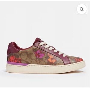 Coach Floral Print Sneakers, Clip Low Top, Size 7.5, with Burgundy, Pink, Brown